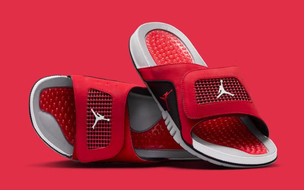 Air Jordan 4 Toro Hydro Slide in red and black colorway, side profile view