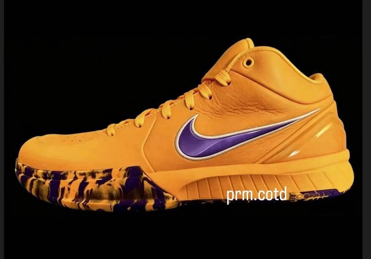 Nike Kobe 4 Protro Lakers colorway in university gold and fierce purple leather with marbled outsole detail