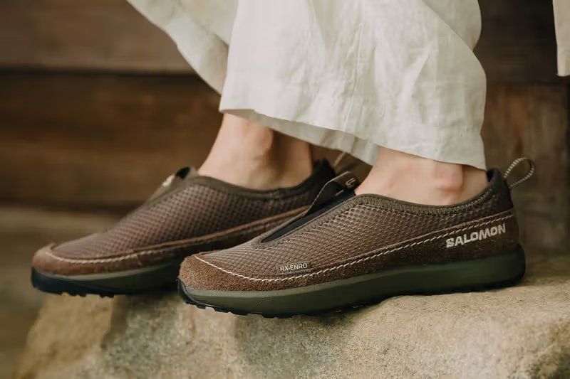 Salomon RX-ENRO UCHI silhouette featuring green-to-brown gradient mesh upper inspired by Japanese garden aesthetics