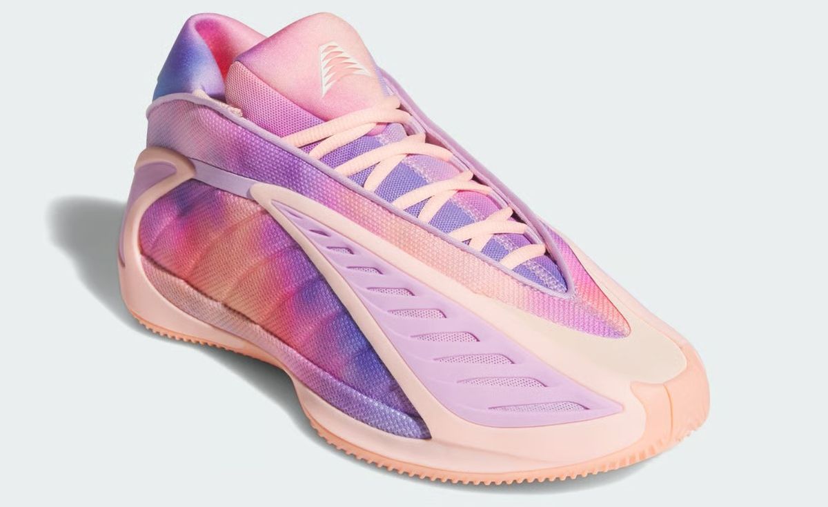 adidas AE 2 in pastel purple and orange tie-dye colorway, showing TPU support overlays and heel counter detail