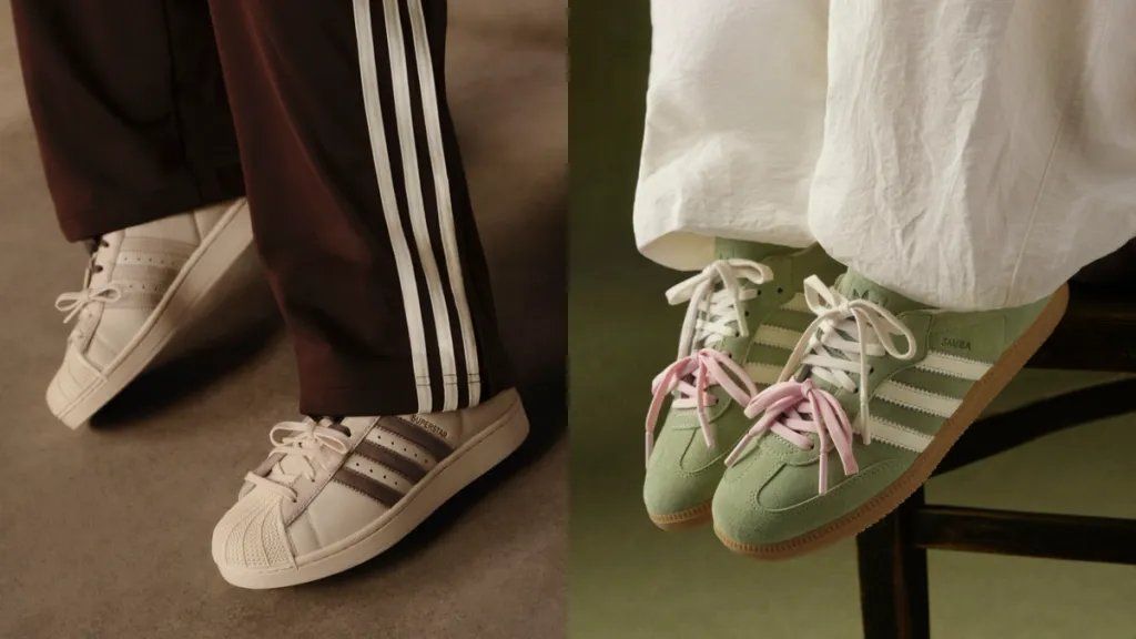 Adidas Samba in Matcha colorway and Adidas Superstar in Latte colorway from Molly-Mae collaboration
