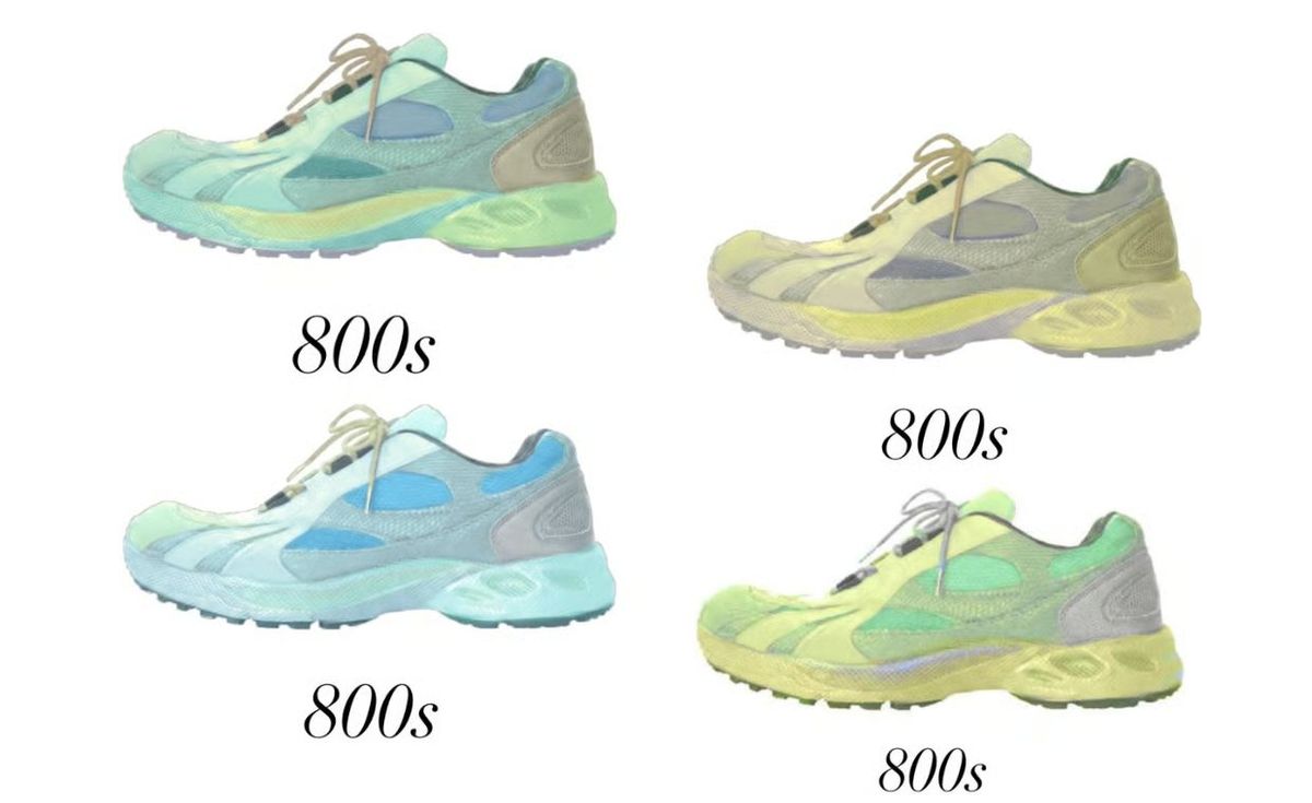 Yeezy 800 pastel colorway mockups featuring pale yellow, light grey, and minty green accent panels