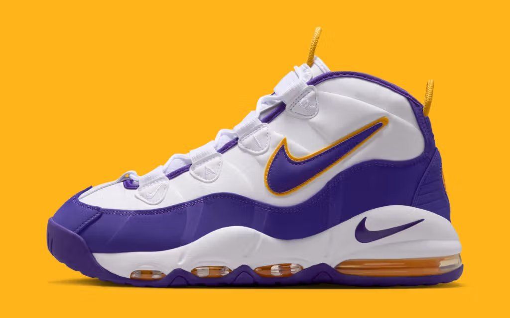 Nike Air Max Uptempo in Derek Fisher Lakers-inspired colorway, featuring premium leather construction and Air Max cushioning