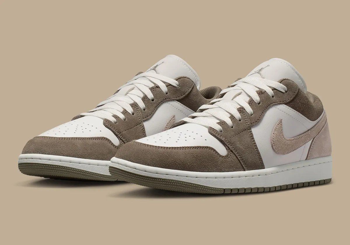 Nike Air Jordan 1 Low in Olive Grey suede, showing detailed quarter panel and toe box construction