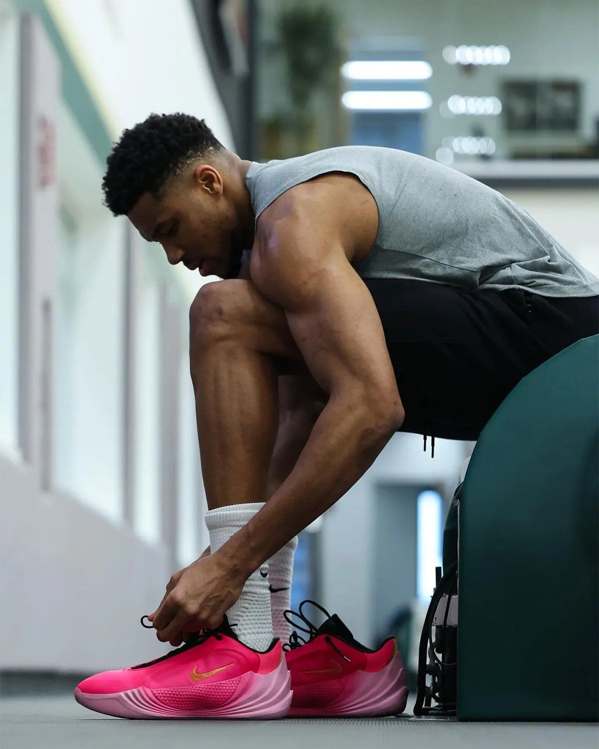 Giannis Antetokounmpo wearing the Nike Giannis Freak 8 signature basketball shoe during practice