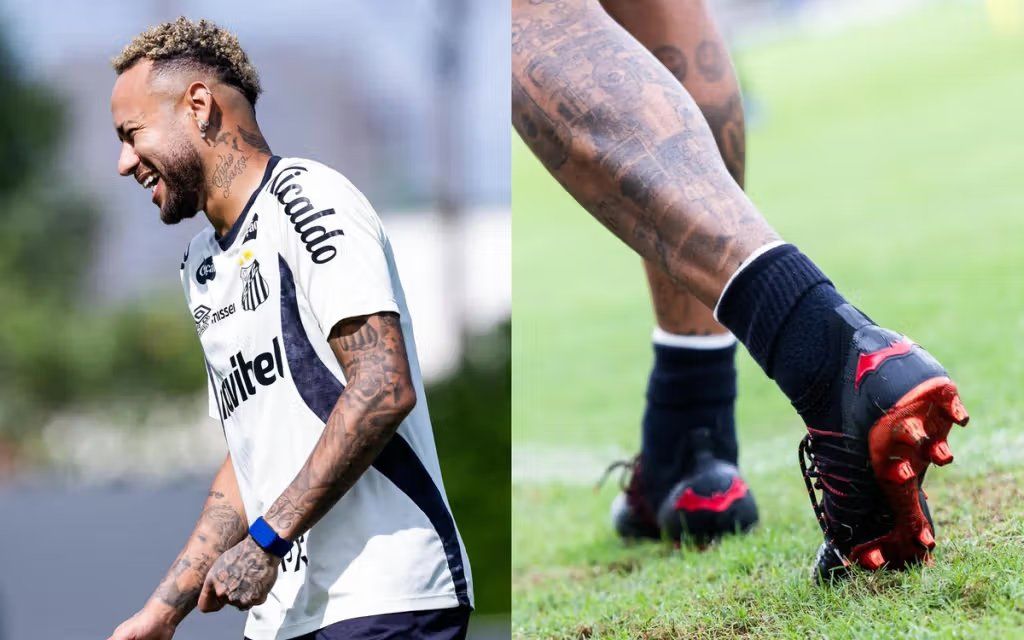 Neymar Jr. wears Batman x PUMA football boot during training session, featuring dark colorway with Batman branding
