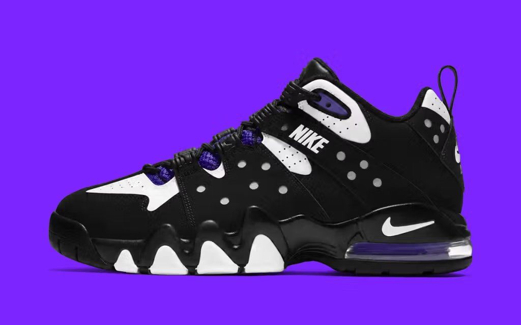 Nike Air Max2 CB '94 Low in Black and Varsity Purple colorway, showing three-quarter view of the low-top basketball silhouette