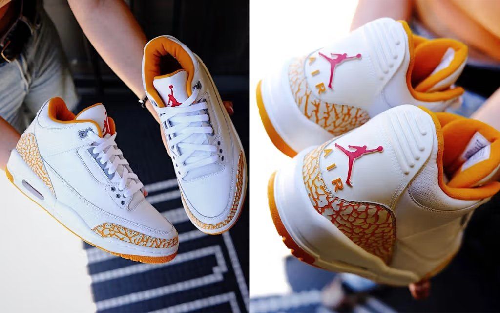 Women's Air Jordan 3 Orange Citrus colorway, side profile view showing the classic AJ3 silhouette with warm citrus and orange tones