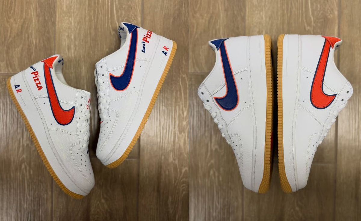 Nike Air Force 1 Low Scarr's Pizza 2025 sample featuring white leather upper with blue and orange Swoosh detailing and tan gum sole