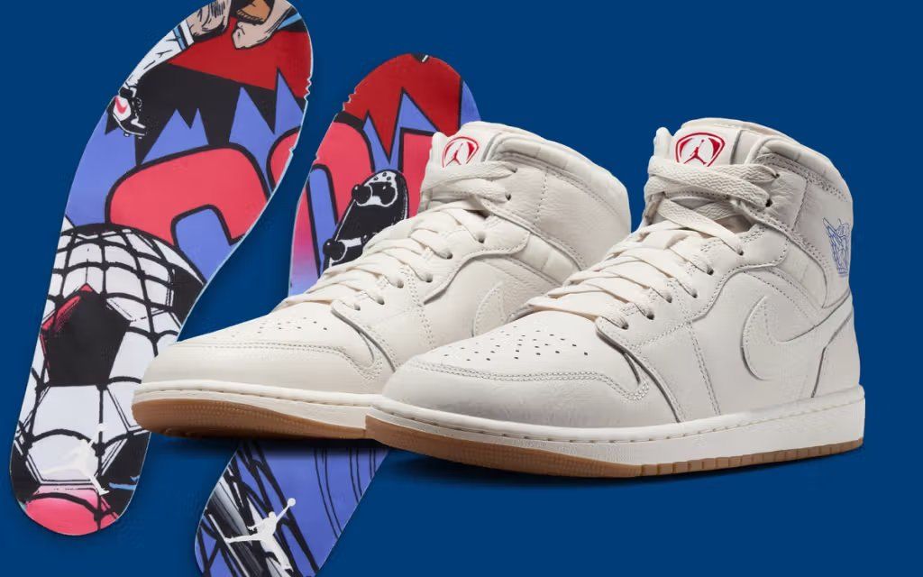 Jordan Air Jordan 1 Mid in Off-White colorway, inspired by Nike football heritage design elements