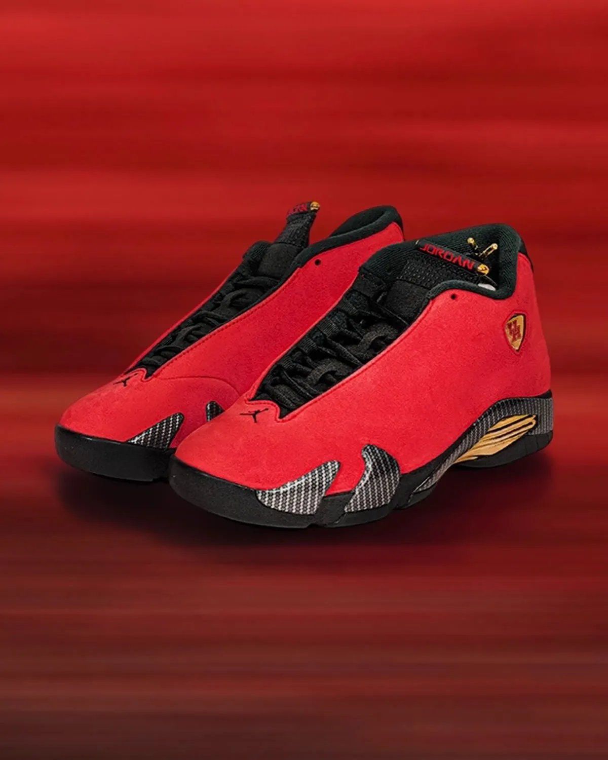 Air Jordan 14 Houston Cougars PE in university red suede with grey carbon fiber midsole details