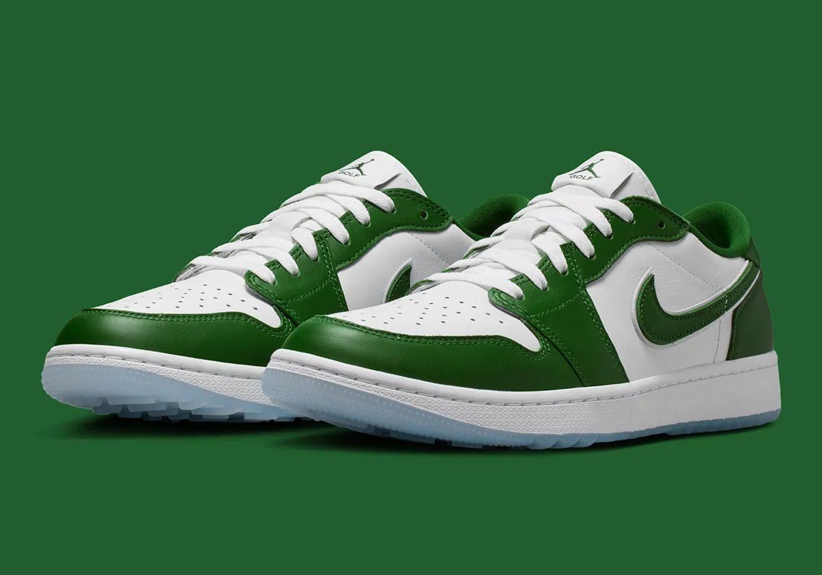 Air Jordan 1 Low Golf in Forest Green colorway, displaying full lateral silhouette with tonal leather upper