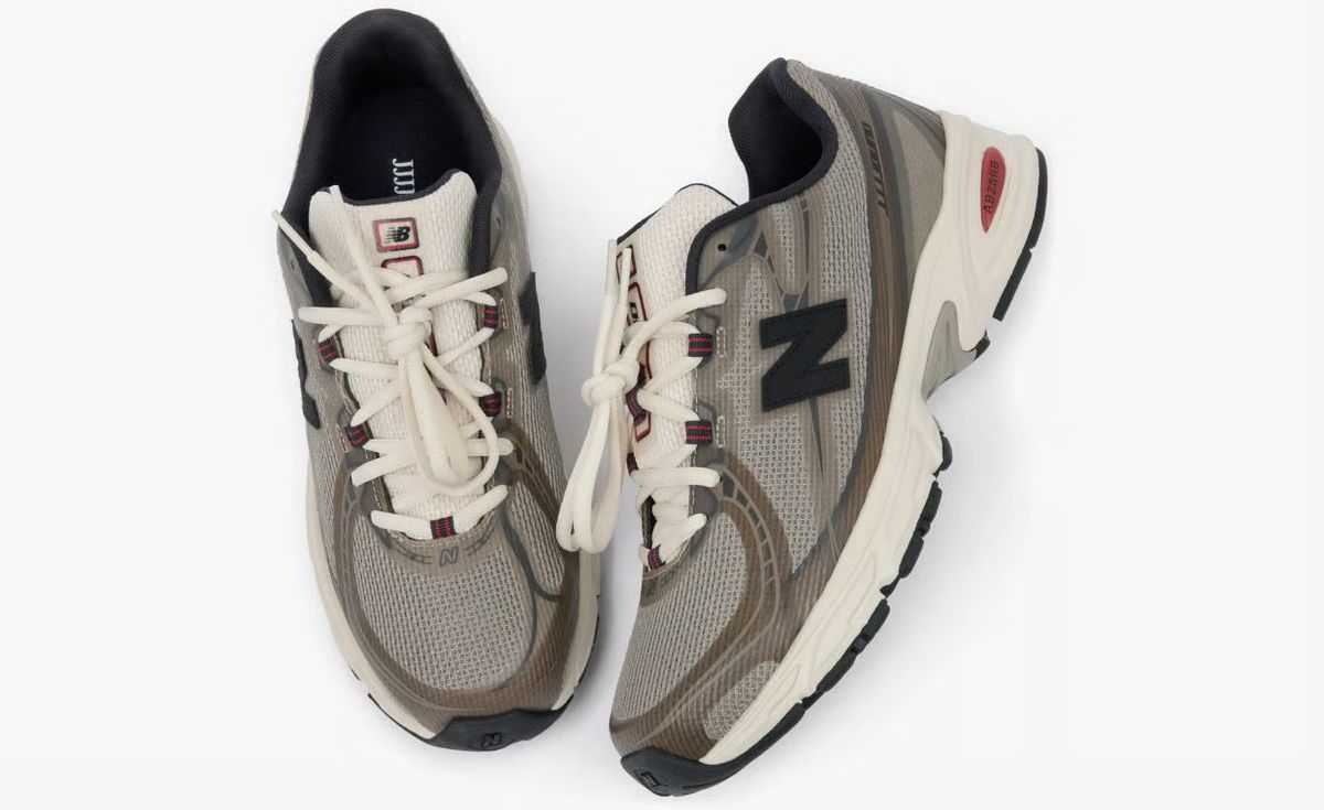 JJJJound x New Balance 740N in tan, taupe, and beige earth tones with off-white mesh tongue and navy accents