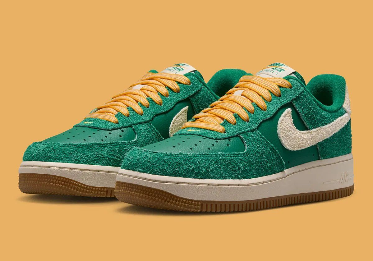Nike Air Force 1 Low in pine green suede with gum sole and bronze lace accessories