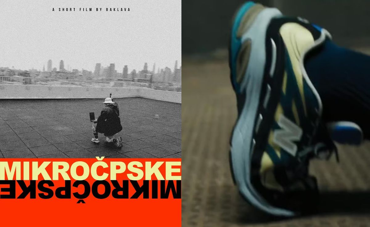Action Bronson wearing the New Balance 2811 Baklava colorway during film trailer preview, featuring pale yellow mesh, dark blue uppers, and multi-tonal midsole
