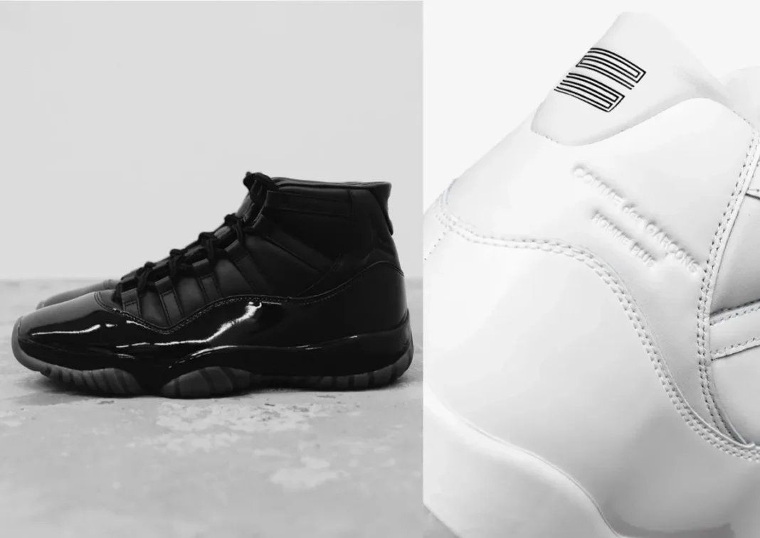 Comme des Garçons Homme Plus x Air Jordan 11 black and white colorways featuring premium cowhide leather and patent leather construction