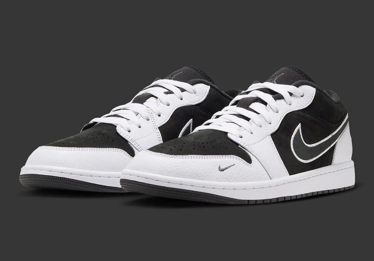 Air Jordan 1 Low SE in black suede and white pebbled leather, shown from multiple angles with white midsole and black outsole