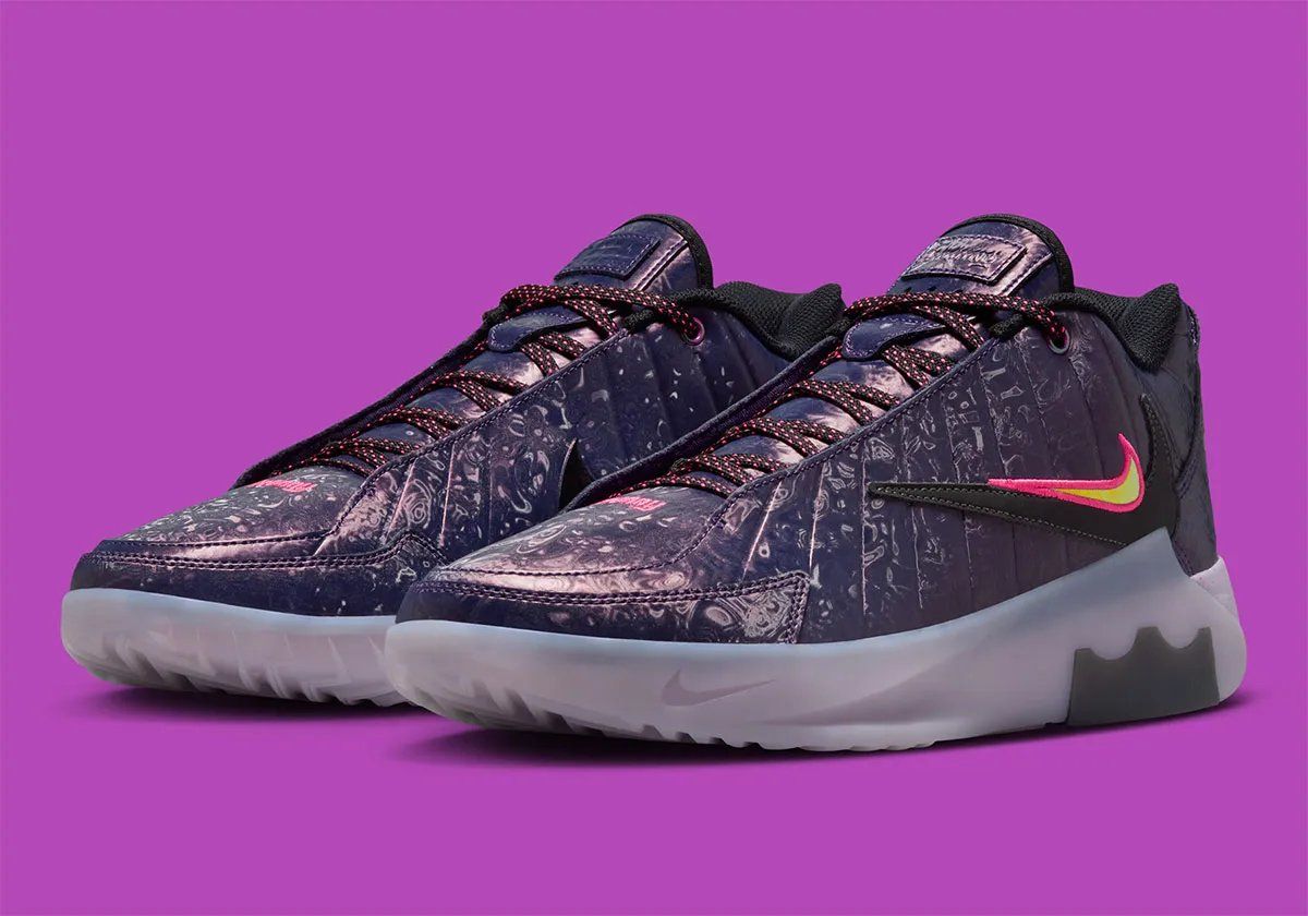 Bronny James Nike LeBron Witness 9 Midnight Navy player exclusive with oil slick textures and neon green and pink Swoosh detailing