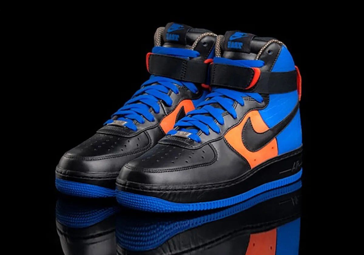 Nike Air Force 1 High East vs West in blue and orange colorway from DJ Clark Kent's 2009 design