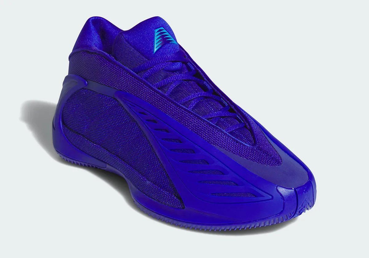 adidas Anthony Edwards 2 'Lucid Blue' colorway featuring saturated blue upper with baby blue tongue and reflective toe detail