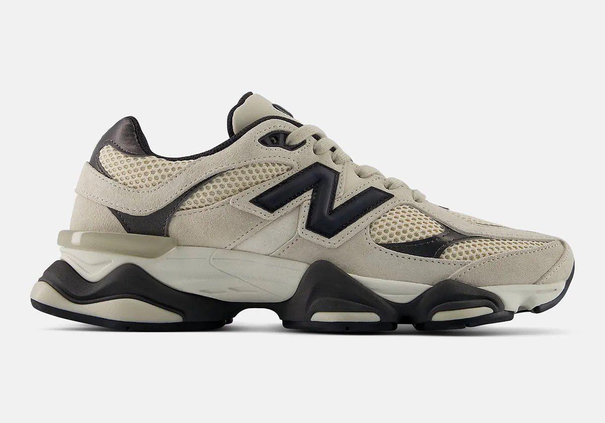 New Balance 9060 Timberwolf featuring grey suede paneling with black midsole and accents