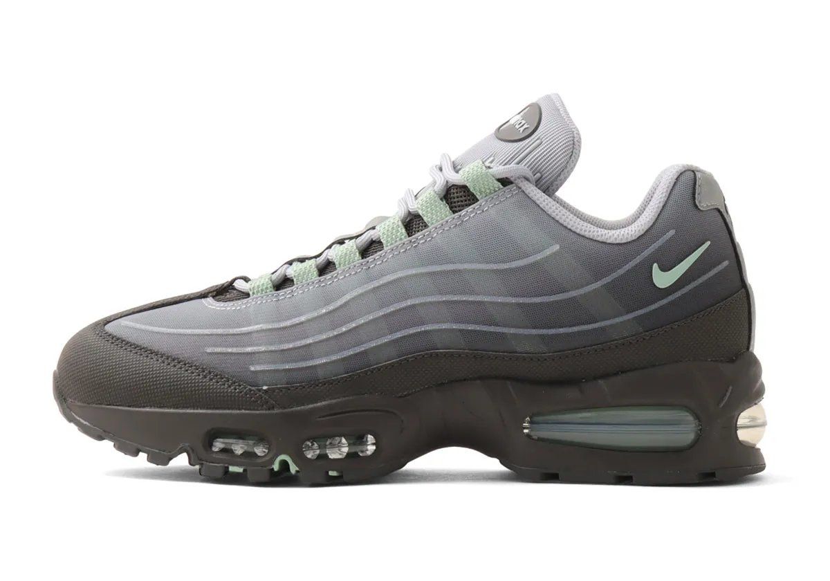 Nike Air Max 95 Tech in Steam colorway featuring translucent synthetic panels and light green accents on the Swoosh and Air units