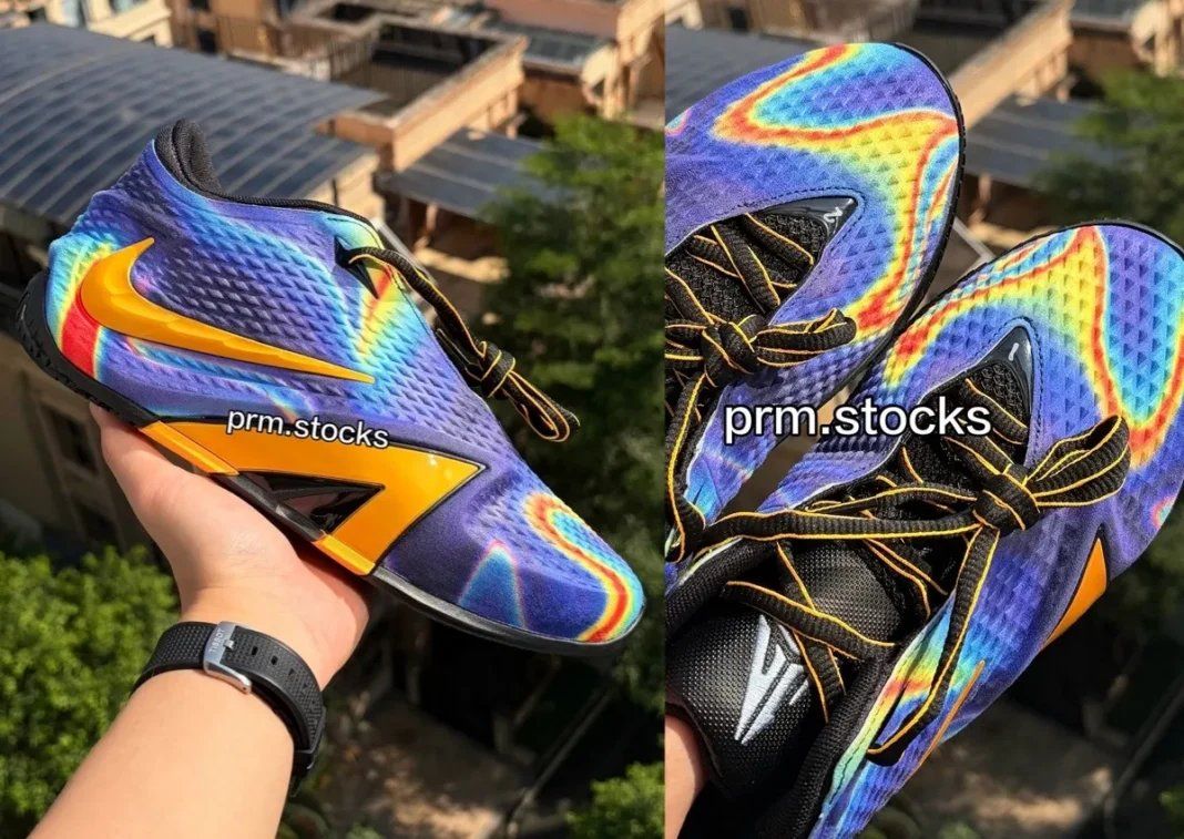 Nike Ja 4 "Radar" featuring thermal-inspired upper with red, yellow, blue, and aqua across deep purple base with bright orange Swoosh