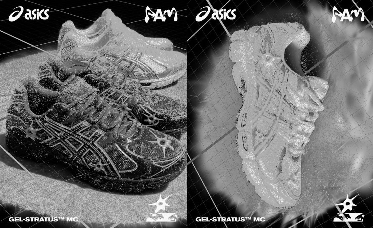 Perks and Mini x Asics Gel-Stratus MC Pack in Graphite Grey and Cream colorways with circle star graphics on toebox and heel