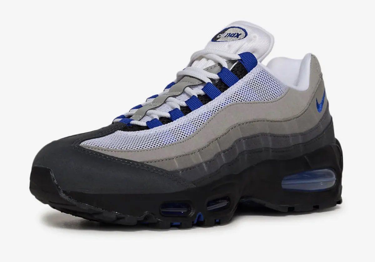 Nike Air Max 95 Old Royal women's sneaker in deep navy blue with white mesh and neutral grey sidewalls