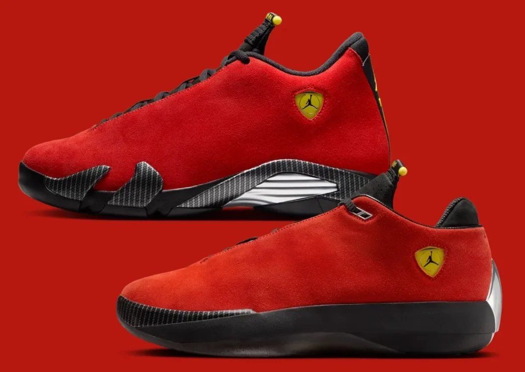 Air Jordan 4014 "Ferrari" in Challenge Red suede with carbon fiber accents and metallic silver trim, releasing September 26, 2026