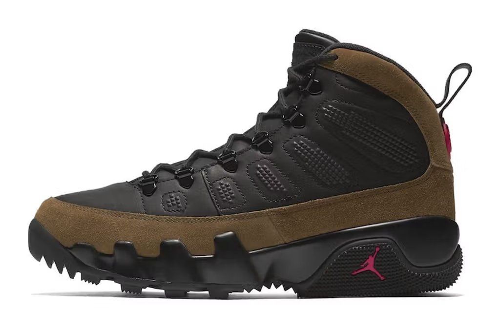 Air Jordan 9 Boot in Light Olive colorway, showcasing the bootie construction and earth-tone palette