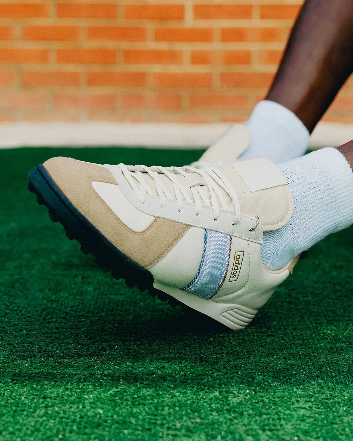 Whitaker Group x adidas BW Mundial black and white colorway with scalloped suede edges and nylon branding