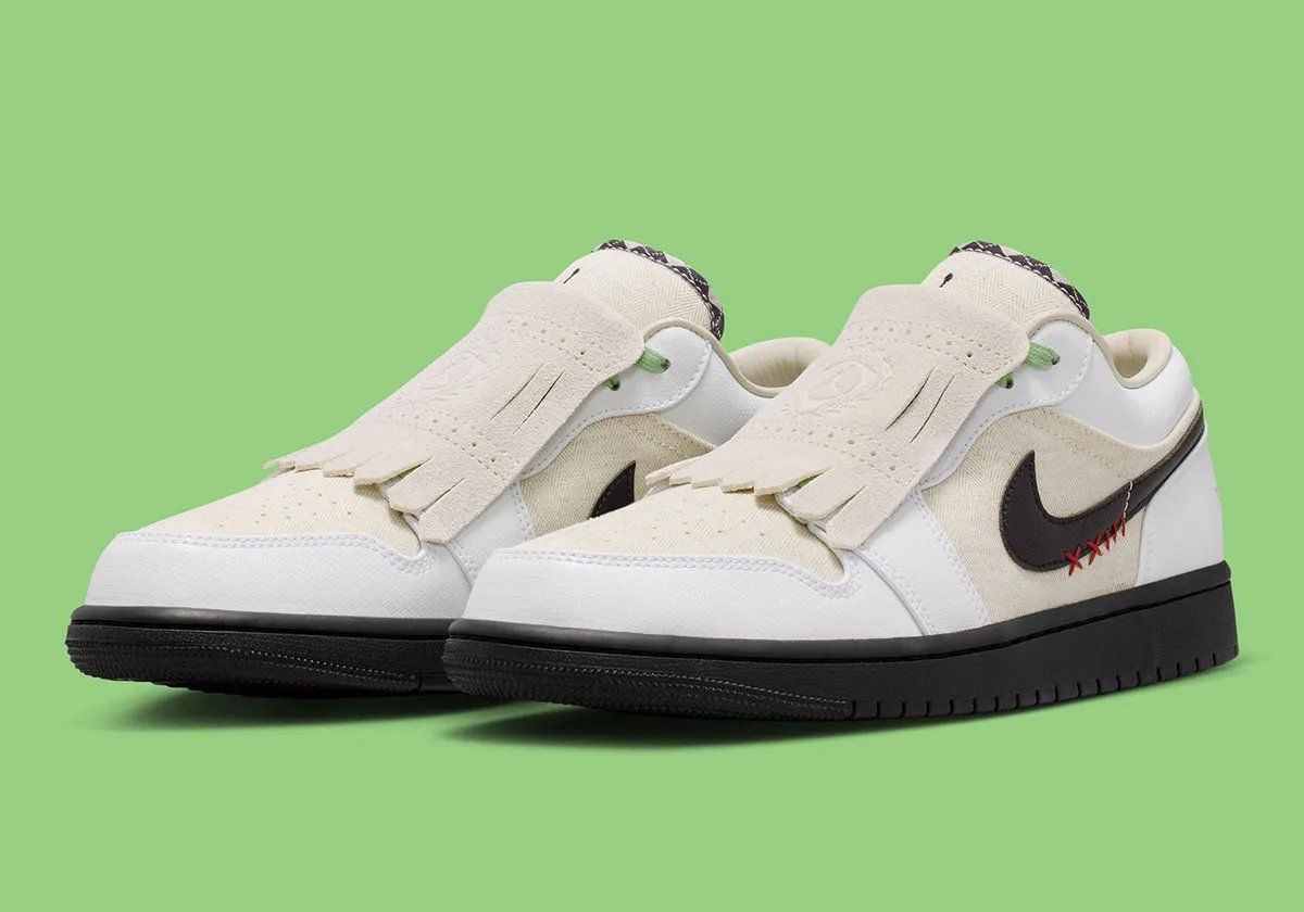 Air Jordan 1 Low Golf Shroud in Light Orewood Brown canvas and white leather with detachable kilties