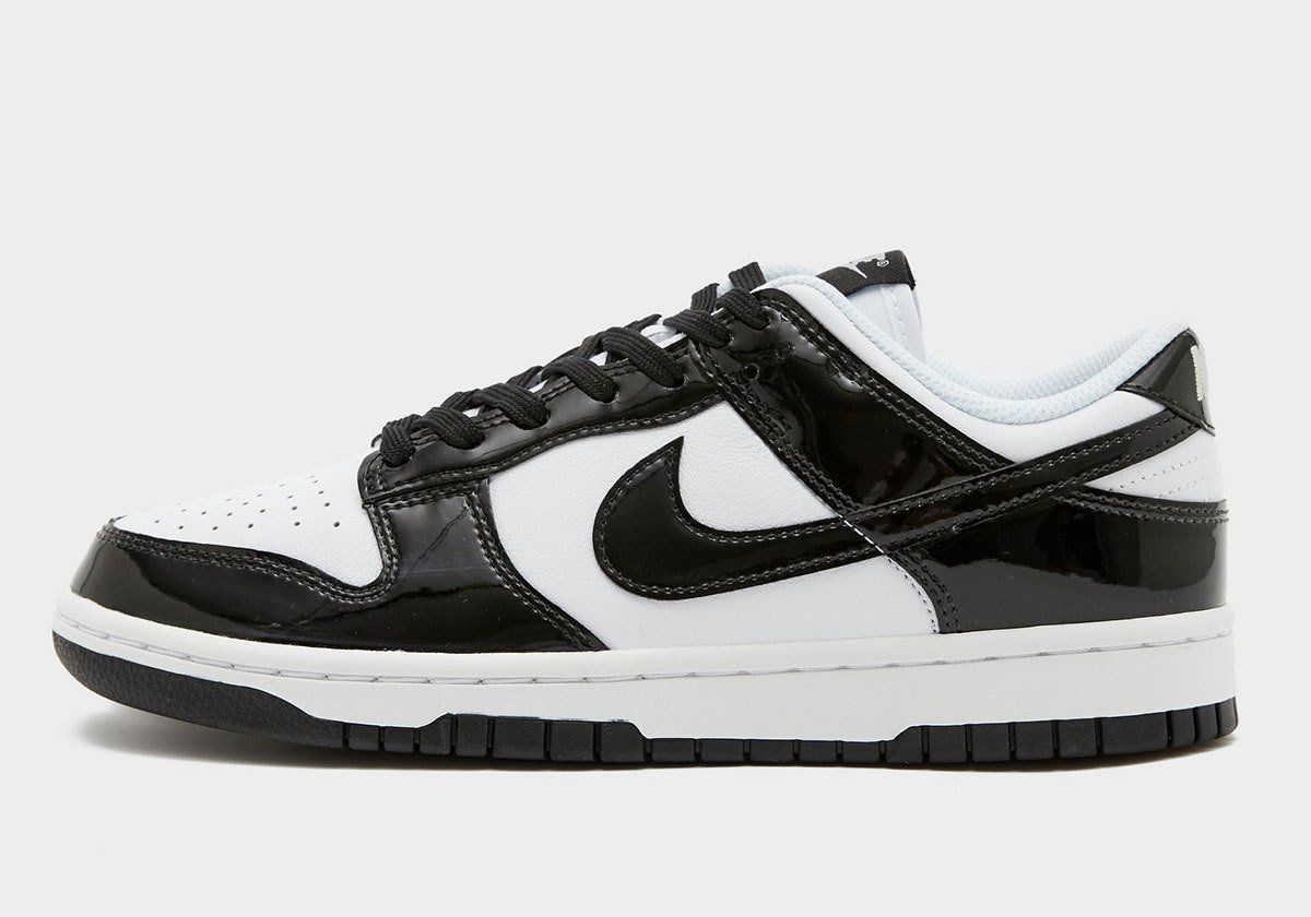 Nike Dunk Low Panda Patent in black patent leather and white leather with glossy finish