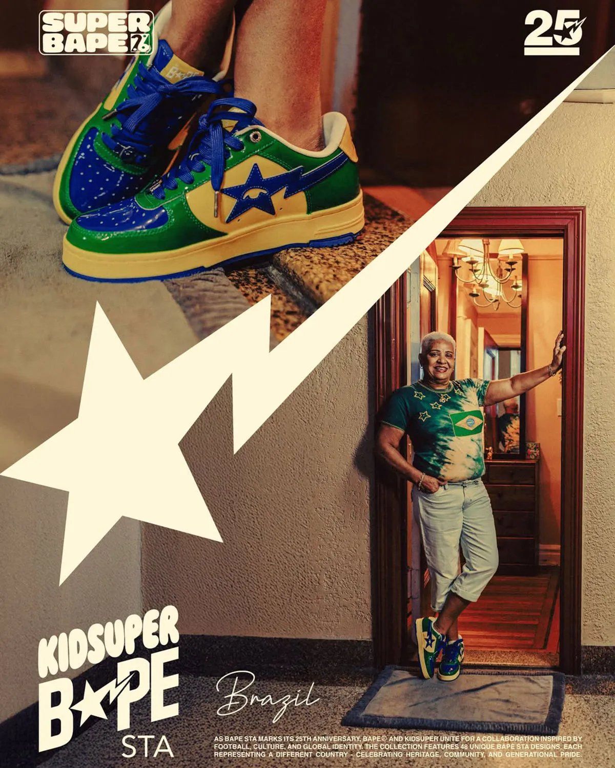 KidSuper x BAPE STA World Cup colorway collection showing national flag-inspired designs across multiple pairs