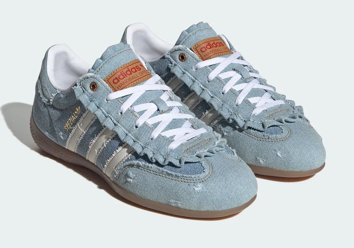 atmos Pink x adidas Handball Spezial LT with distressed denim treatment and frayed edges