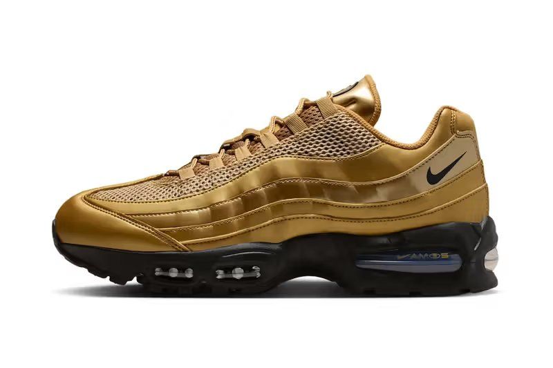 Nike Air Max 95 Total 90 Metallic Gold colorway showing segmented midsole and Total 90-inspired upper construction