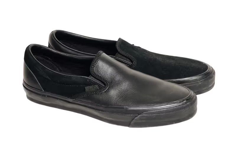 Engineered Garments x Vans Slip-On 98 in black colorway, detail view of mixed-material upper construction