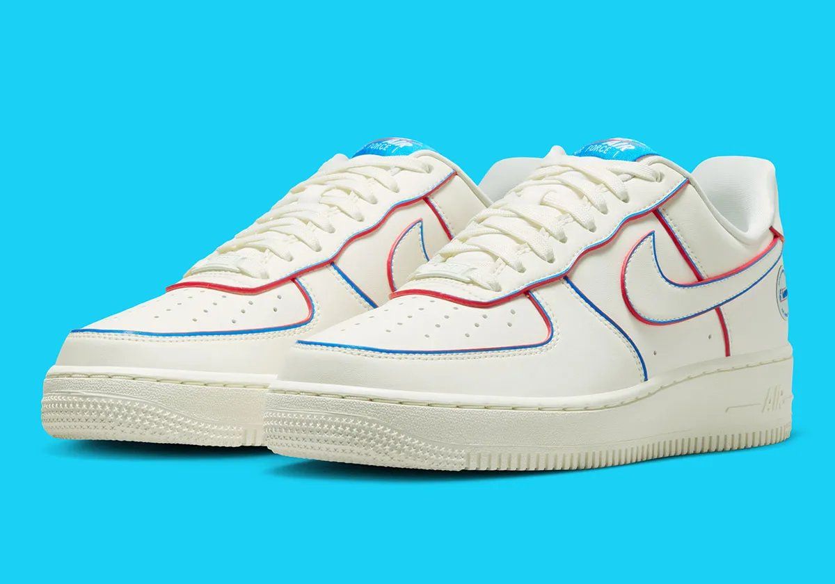 Nike Air Force 1 Low in off-white leather with blue piping and red leather edges for WNBA 30th Anniversary release