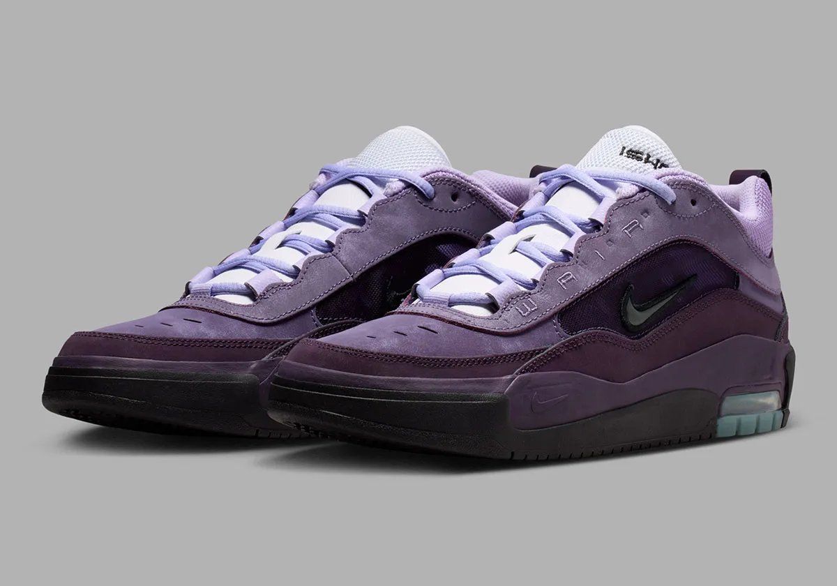 Nike SB Air Max Ishod Triple Purple showing layered purple tones and visible Air unit with white tongue and turquoise traction detail