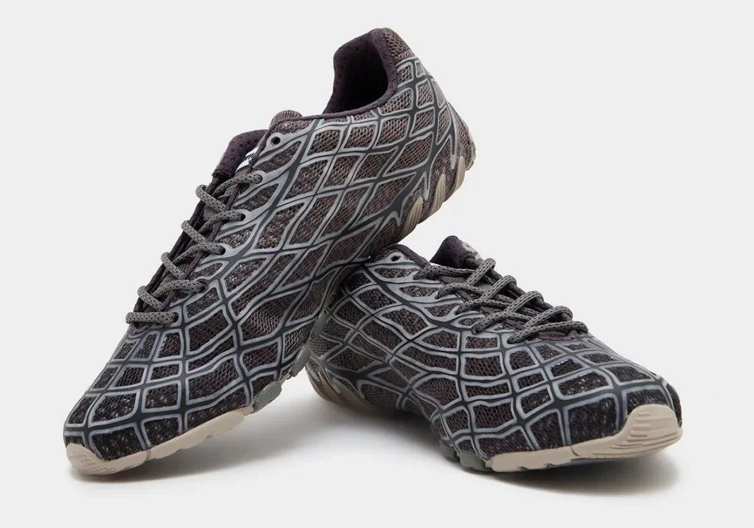 Bad Bunny x adidas F50 Ghost Sprint Charcoal featuring layered mesh upper with grey cage detailing and dark red branding