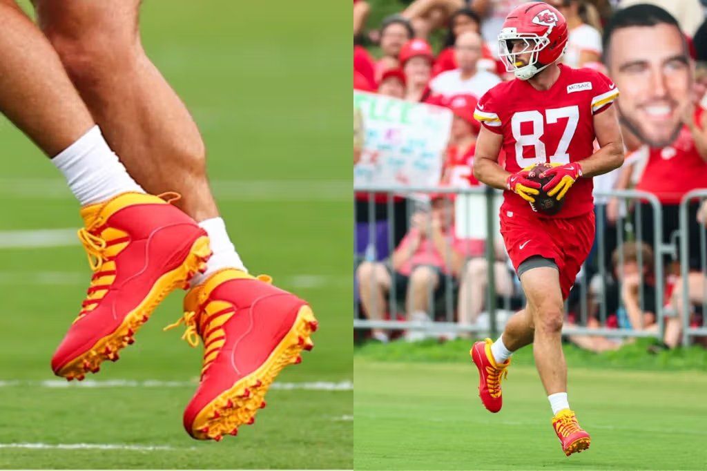 Travis Kelce wearing exclusive Air Jordan 10 PE cleats in team colors on the field
