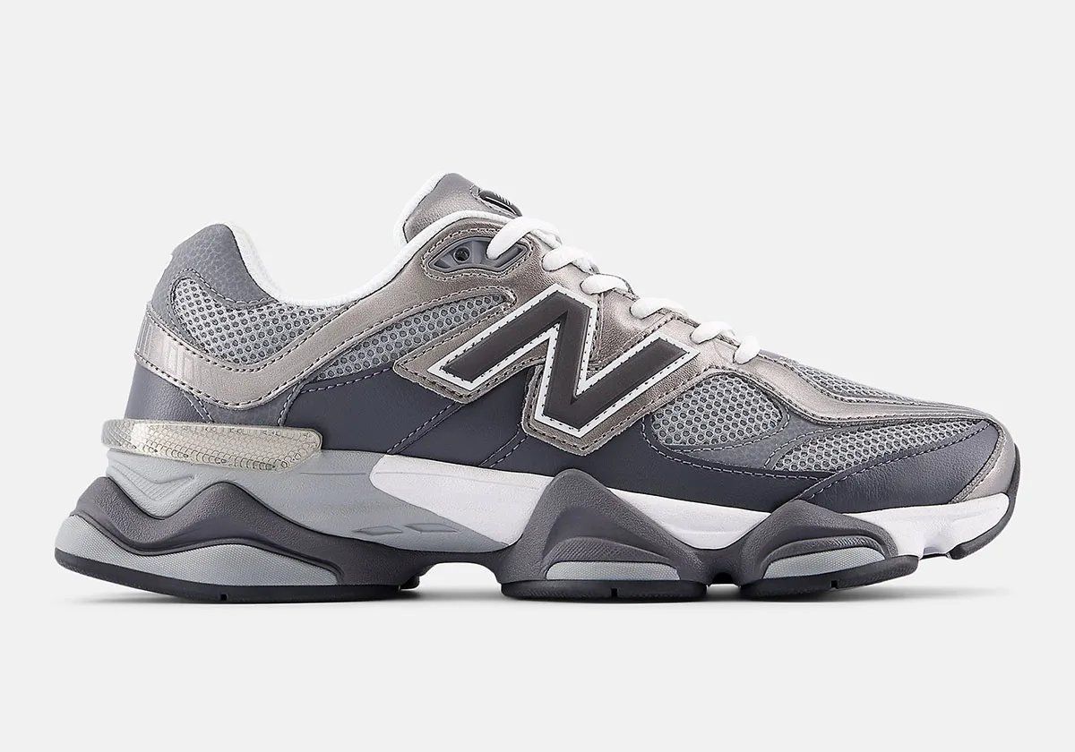 New Balance 9060 Metallic Magnet in grey mesh and dark leather with shimmering metallic silver accents