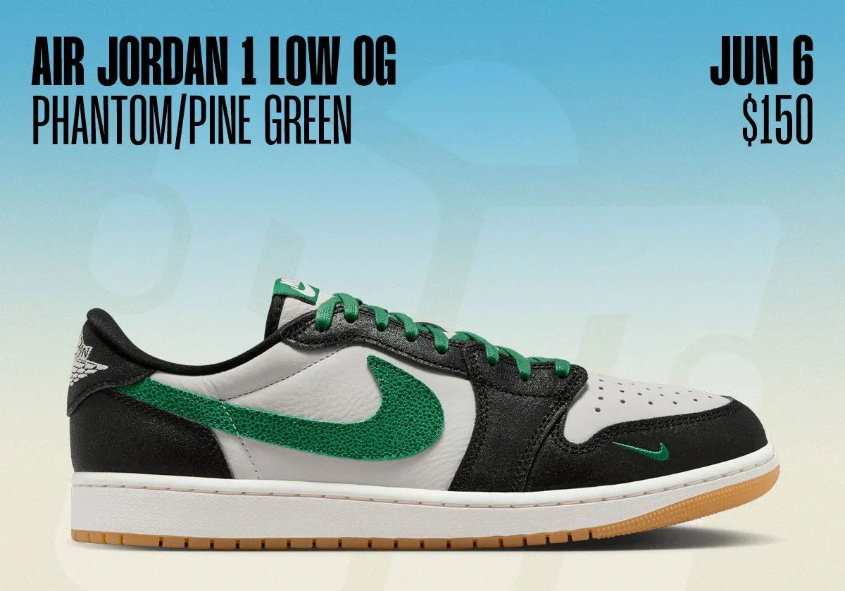 Air Jordan June 2026 release lineup featuring Air Jordan 1 Low Pine Green, Air Jordan 15 RE Black Muslin, and Air Jordan 3 Bin 23 Burgundy Crush