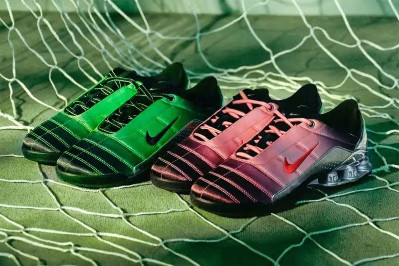 Forget-me-nots x Nike T90 Shox Magia in Green Gusto and Shy Pink, featuring chrome Shox heel unit and metallic silver side panels