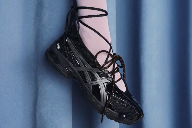 Gohar World x ASICS GEL-DS TRAINER SP in black mesh with hand-applied pearl charms, onyx stone, and stainless-steel piercings