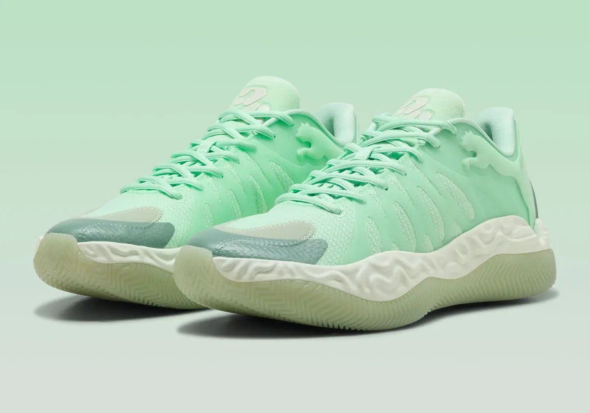 PUMA Hali 1 in wintergreen with semi-translucent upper and darkened traction pod