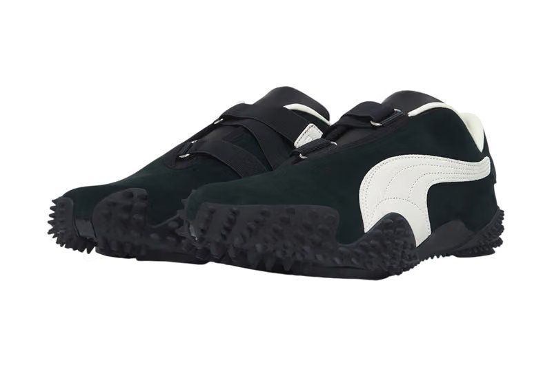 JJJJound x PUMA Mostro Black/White sneaker in grayscale, side profile showing suede upper and velcro strap detail