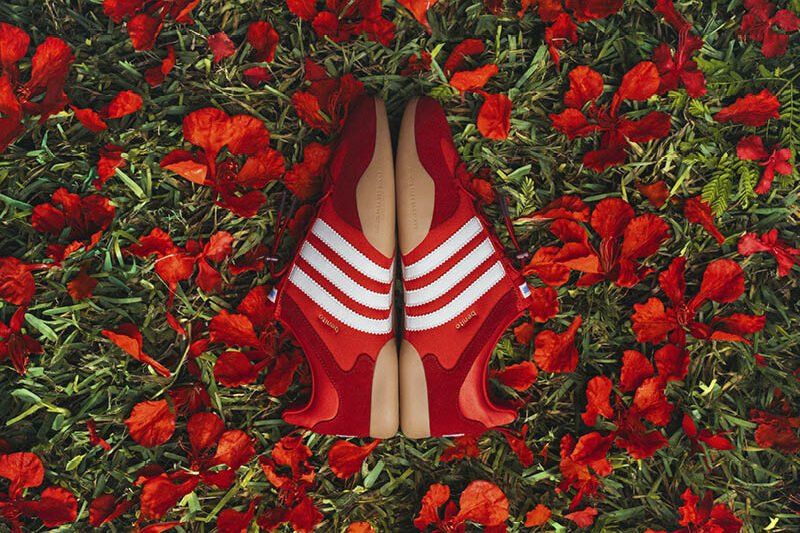 Bad Bunny x adidas Ballerina Vivid Red, inspired by Puerto Rico's flamboyán trees, releasing May 30, 2026