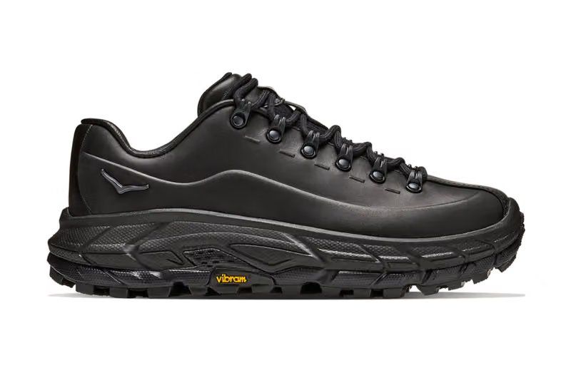 HOKA TOR SUMMIT LEATHER TP in all-black leather with Vibram Megagrip outsole, viewed from multiple angles